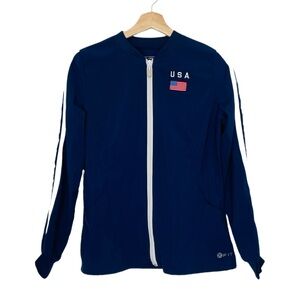 White Cross Scrubs Navy Fitted Zip Up Jacket Size XS Embroidered USA and Flag